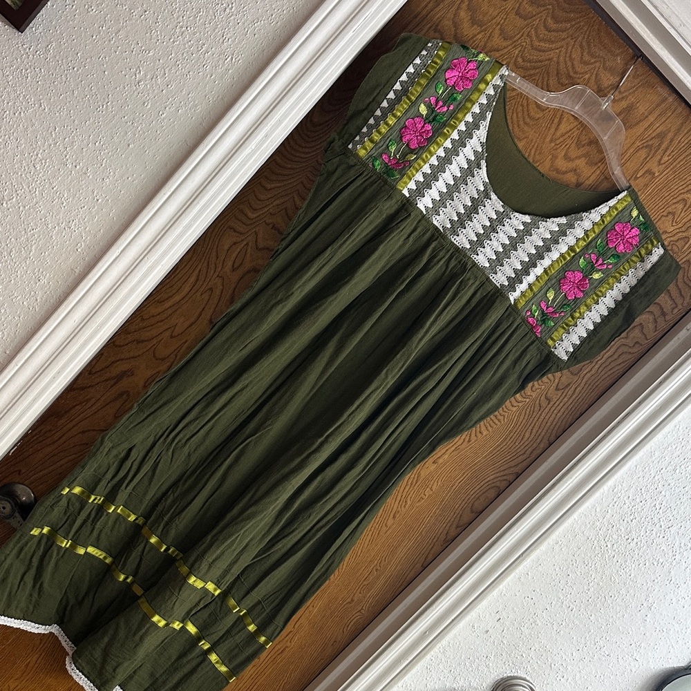 Mexican Green Embroidered Dress with Pink Floral Accents